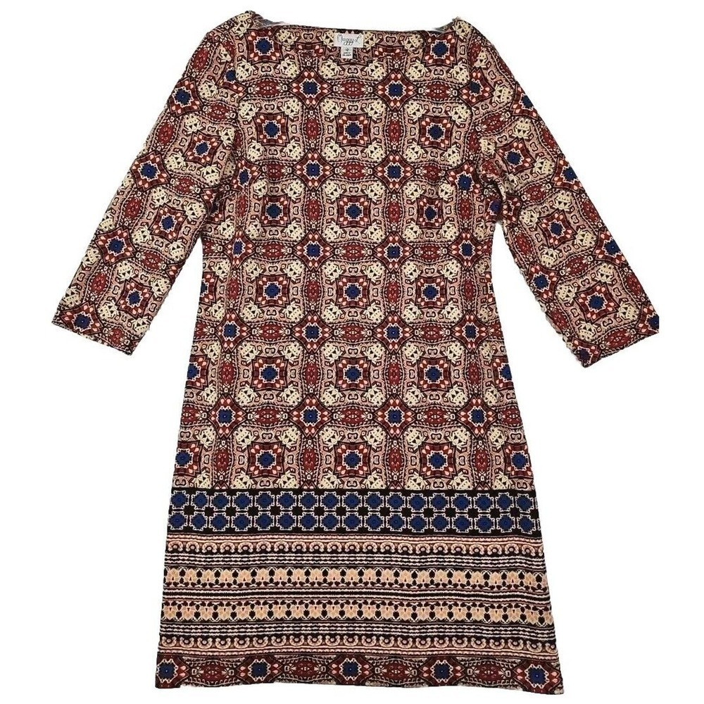 Maggy L Weekend Shift Dress Size 12 Geometric Print 3/4 Sleeve Red Blue Career.